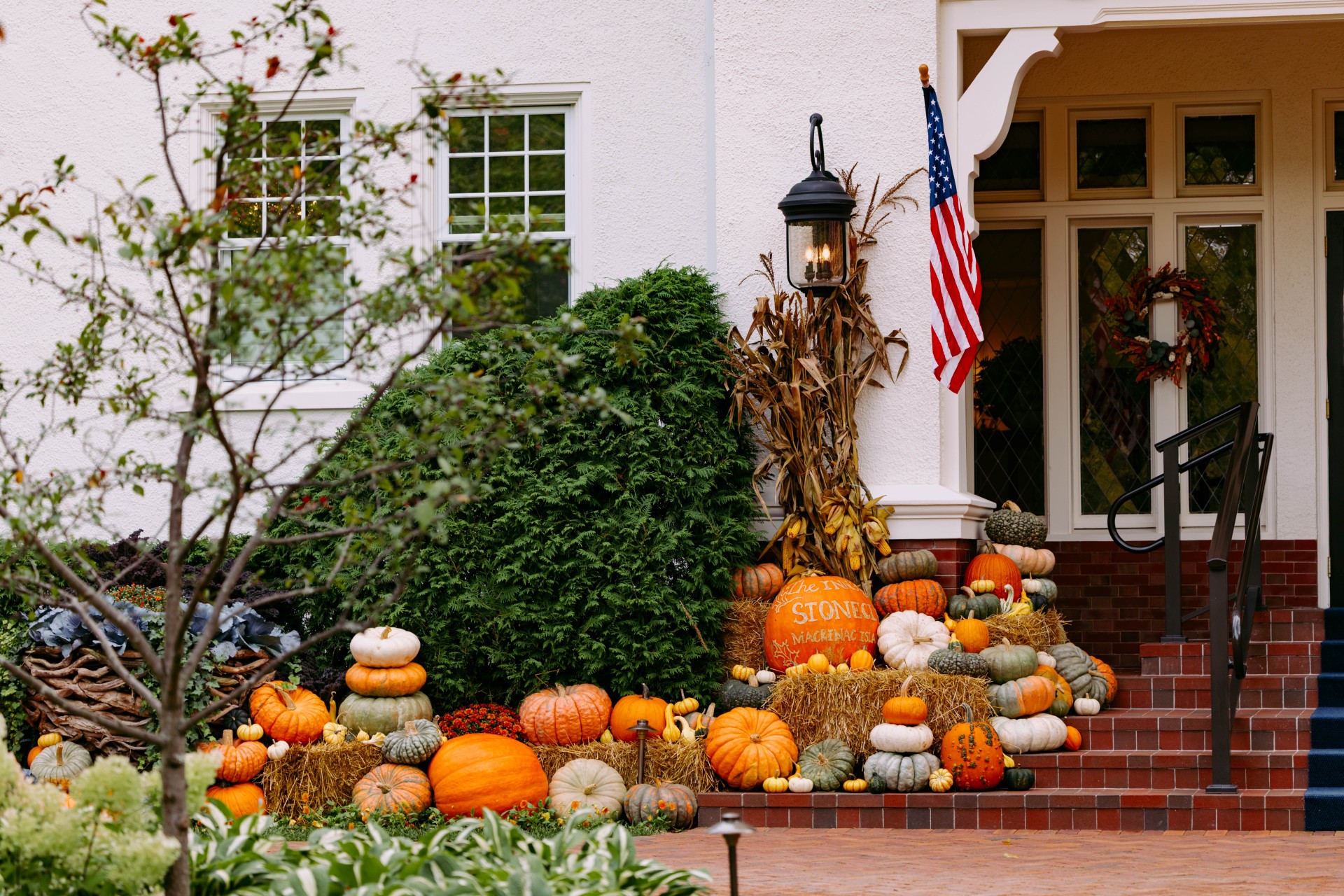 Beautiful pumpkin decor at Stonecliffe on Mackinac Island