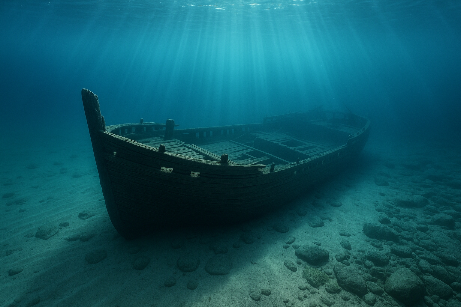 Underwater view of a preserved Great Lakes shipwreck on the lakebed of Lake Huron, representing famous Great Lakes shipwrecks near Mackinac Island and Michigan dive sites.