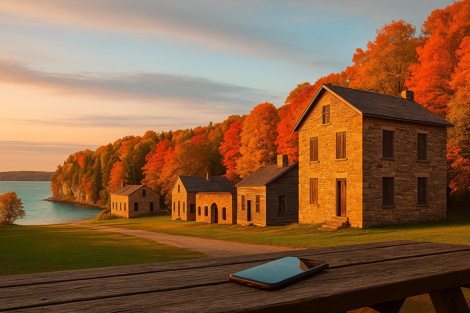 Fayette Historic Townsite ghost town in Michigan’s Upper Peninsula, original 1891 iron-smelting buildings, fall colors, Lake Michigan’s Snail Shell Harbor.