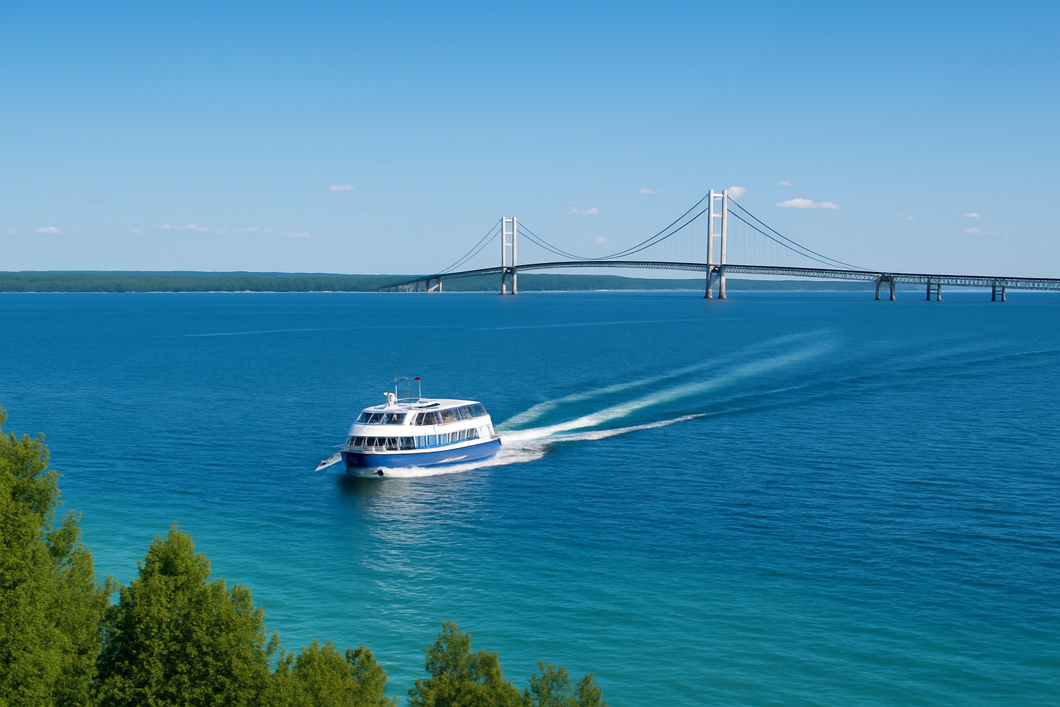 Mackinac Island ferry boat crossing Lake Huron during summer 2026 with clear blue skies, water trail, and Mackinac Bridge in background from Mackinaw City