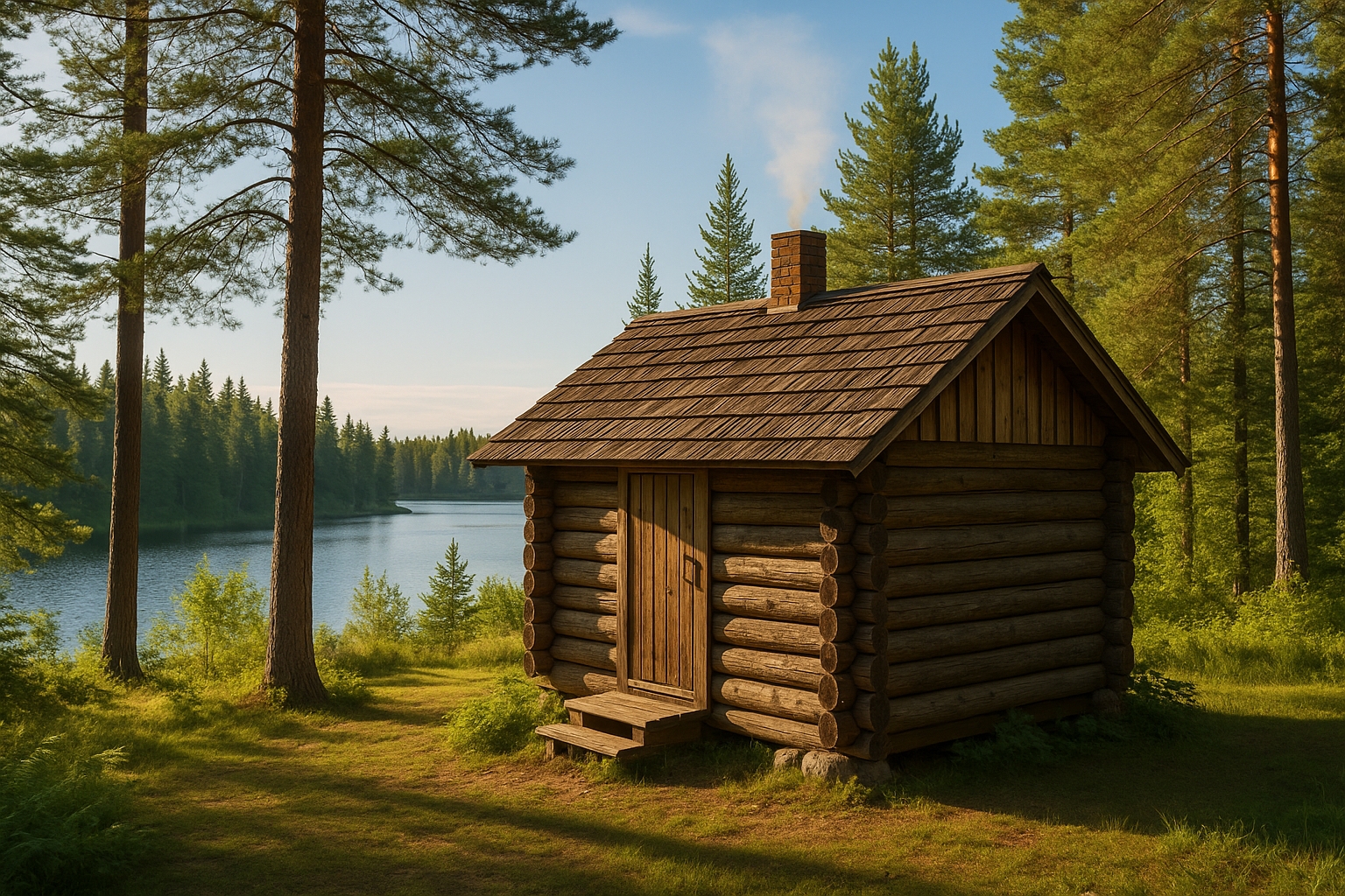 Traditional Finnish wooden sauna cabin in Michigan’s Upper Peninsula, surrounded by summer forest and lake, representing Finnish-American roots, sisu, and authentic sauna culture.