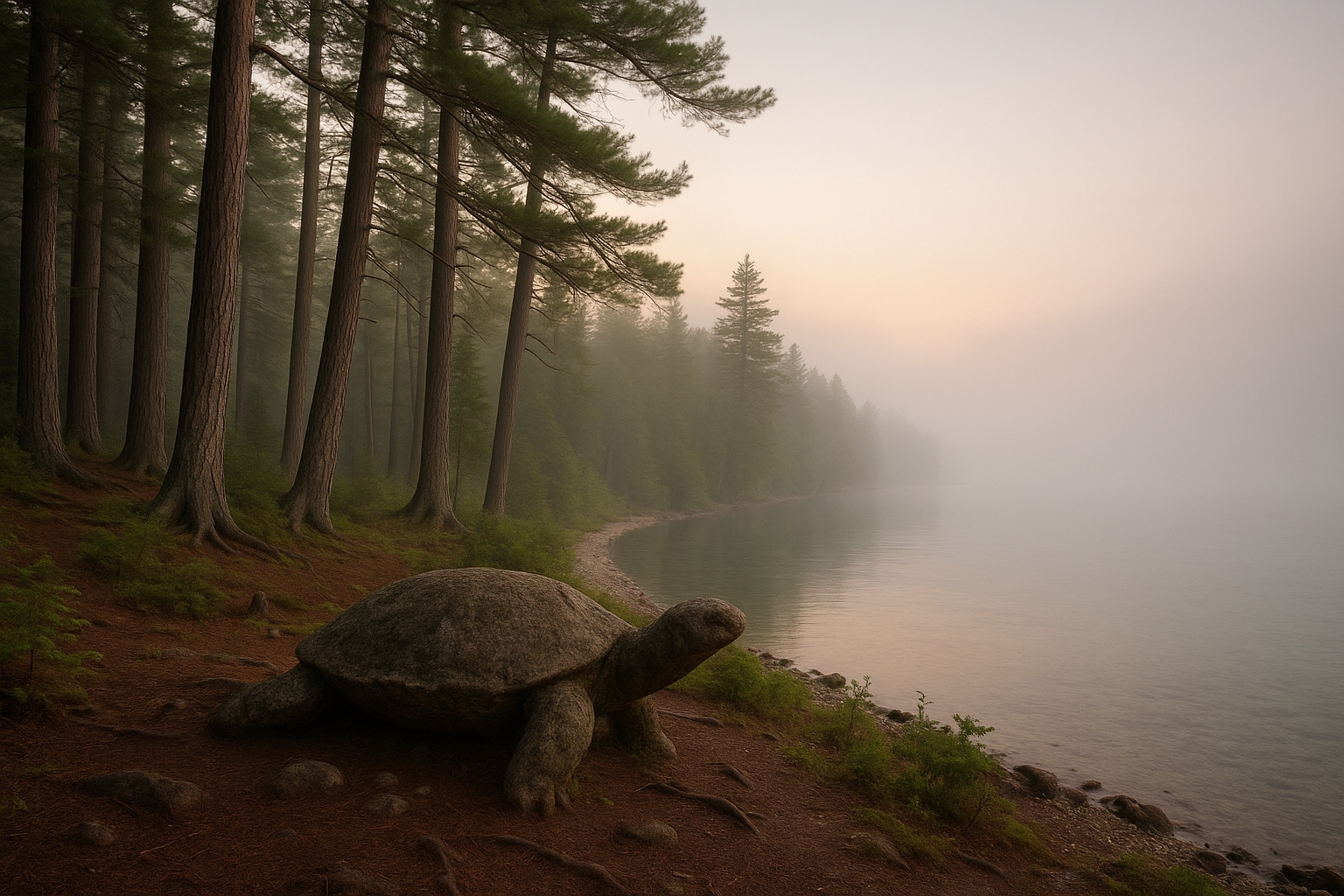 Mackinac Island ancestral shoreline with Lake Huron and forest in early morning light, representing the first people of Northern Michigan and indigenous history