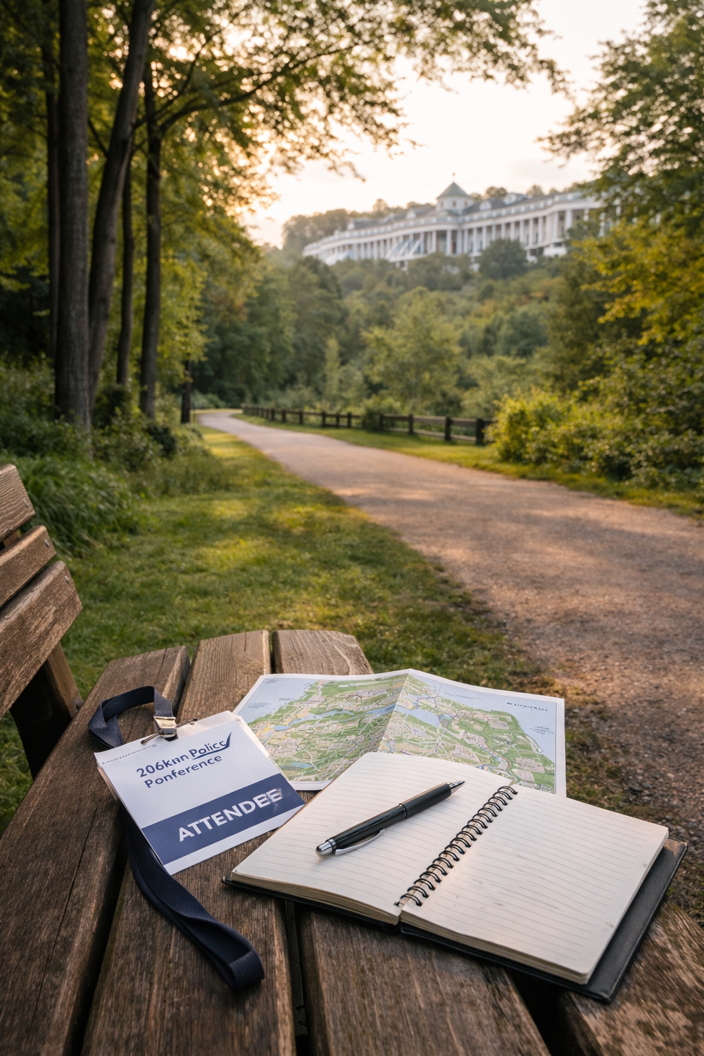 First-time Mackinac Policy Conference preparation scene on Mackinac Island showing conference materials and walking paths near the Grand Hotel for new attendees