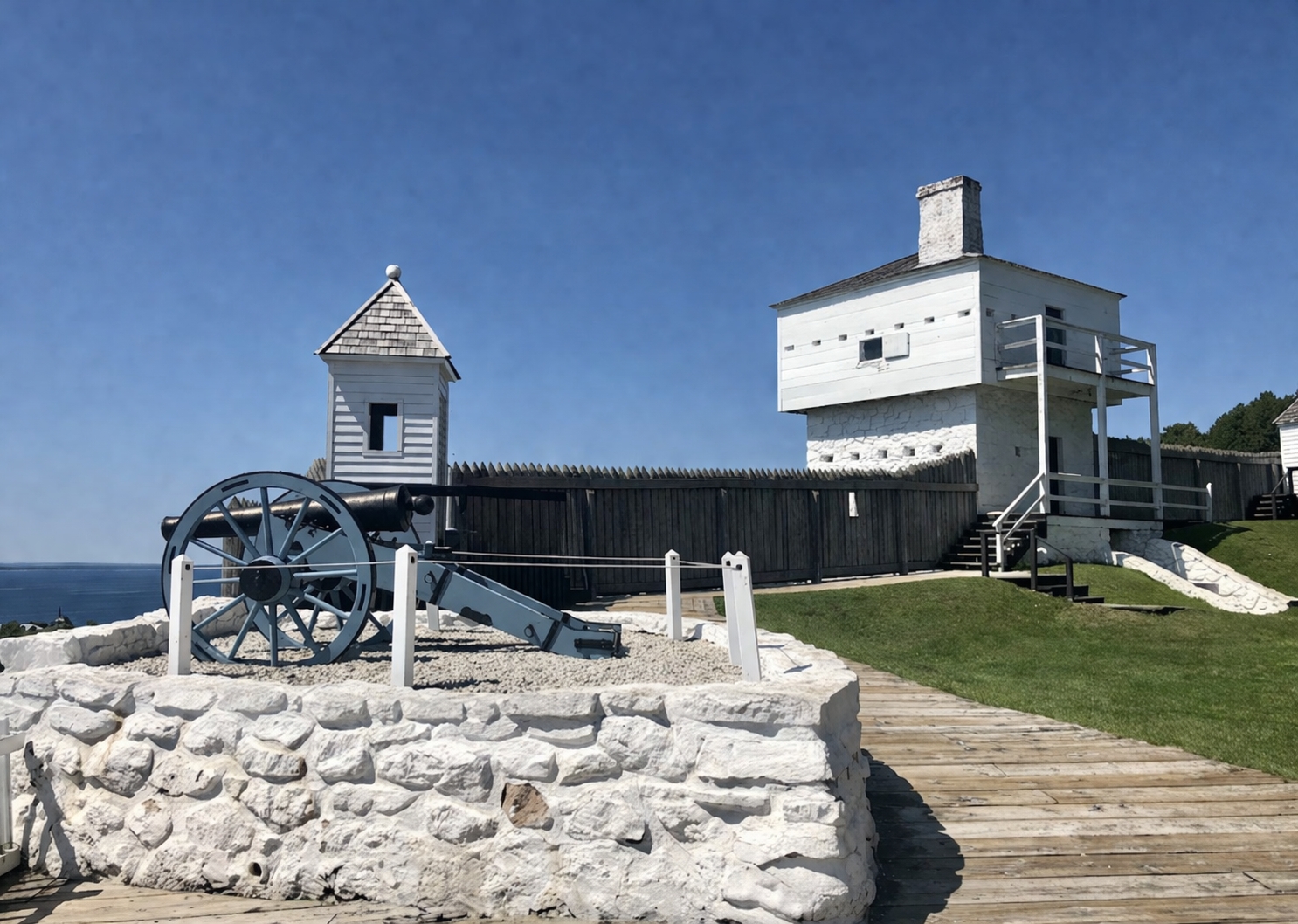 Fort Mackinac on Mackinac Island overlooking the Straits of Mackinac and Lake Huron during the summer season