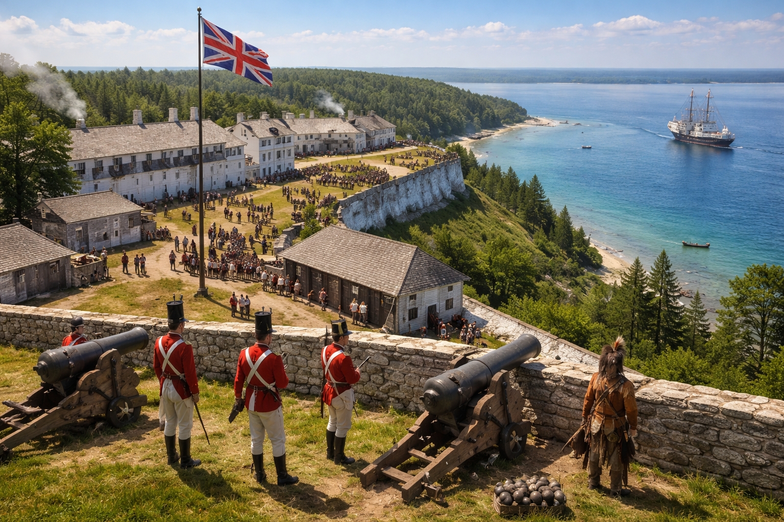 Fort Mackinac during the War of 1812 on Mackinac Island overlooking the Straits of Mackinac and the Upper Great Lakes