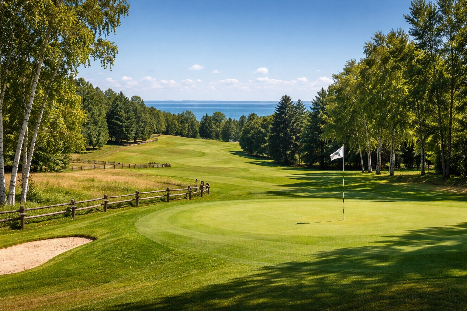 golfing on Mackinac Island with historic golf course fairways and Lake Huron views in summer
