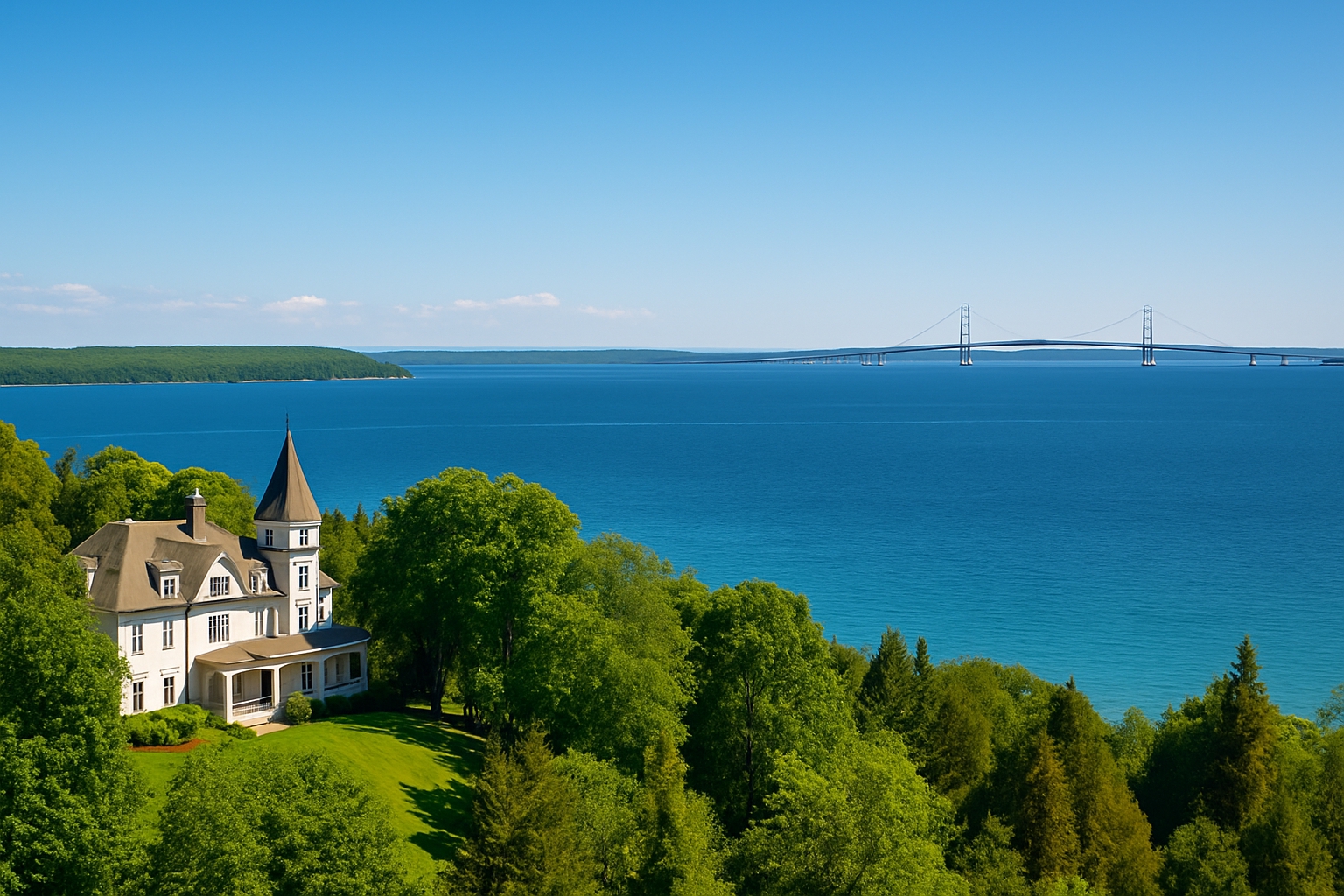 Panoramic view of Mackinac Island and Lake Huron from The Inn at Stonecliffe, showcasing Great Lakes islands, historic architecture, and Straits of Mackinac in late spring