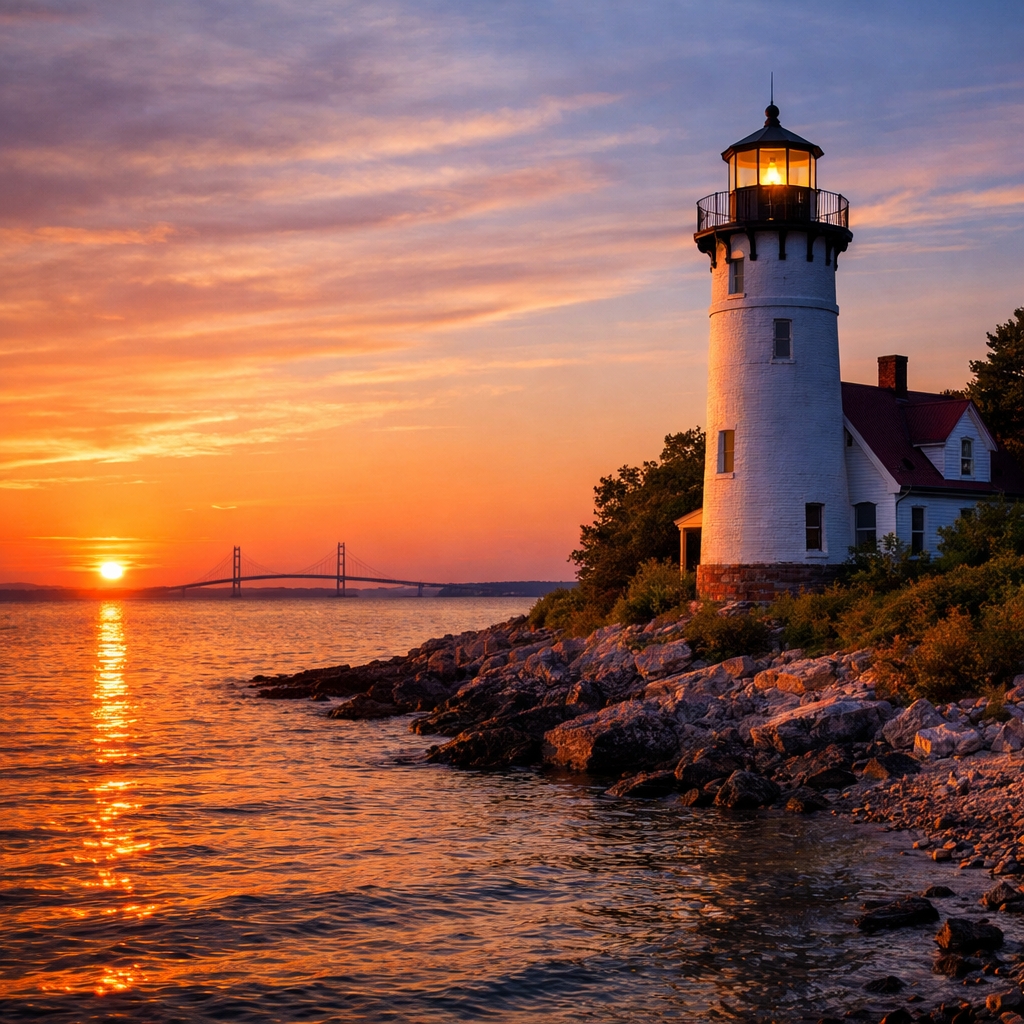 Historic Great Lakes lighthouse at sunset overlooking Lake Huron near Mackinac Island with views toward the Mackinac Bridge and The Inn at Stonecliffe area