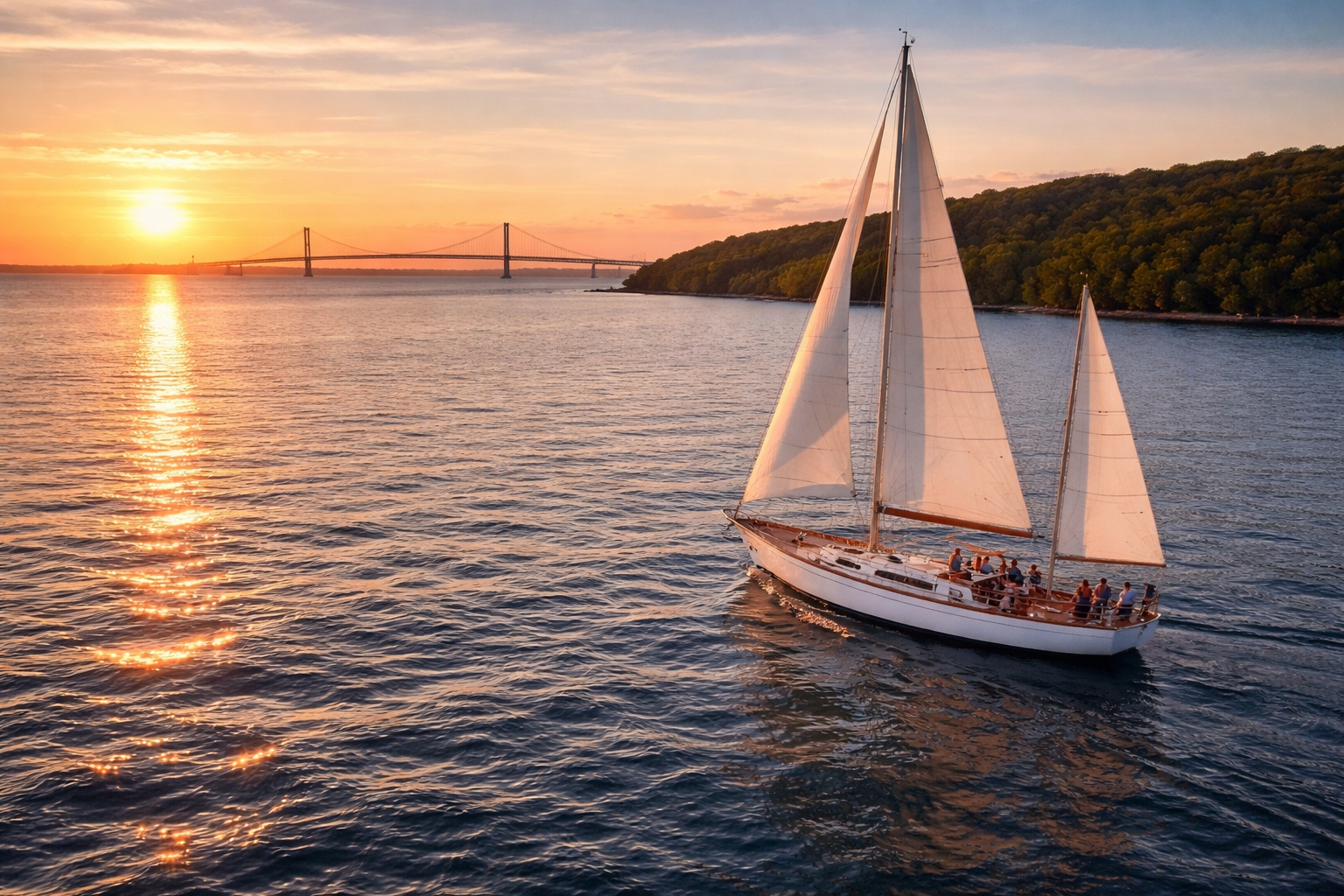 Sailing yacht on Lake Huron near Mackinac Island during a Great Lakes Marine Charters trip with Mackinac Bridge in the distance and views similar to those seen from The Inn at Stonecliffe.