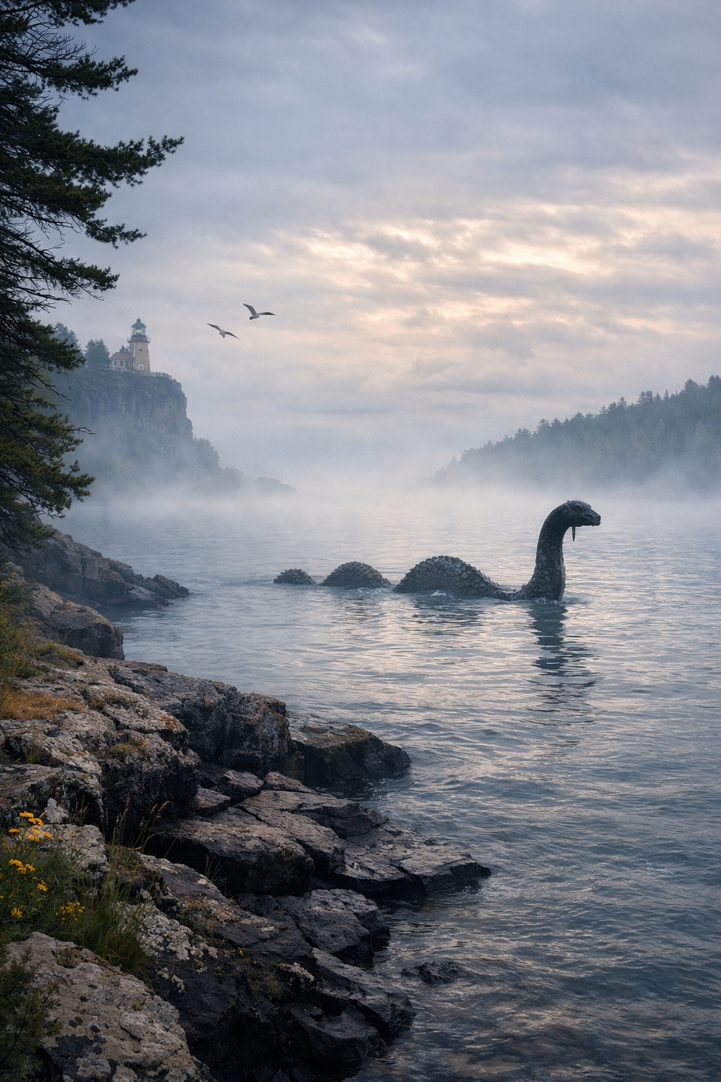 Foggy Great Lake at dusk illustrating legends of sea monsters in the Great Lakes and historic monster sightings