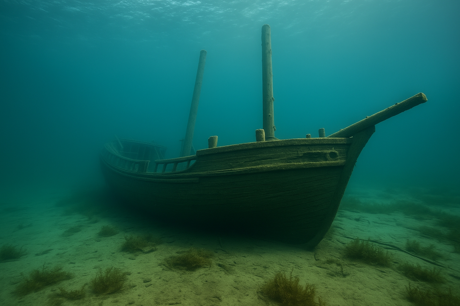 Underwater photo of Great Lakes shipwreck in Lake Huron near Thunder Bay National Marine Sanctuary, preserved wooden schooner, scuba diving site, shipwreck tourism