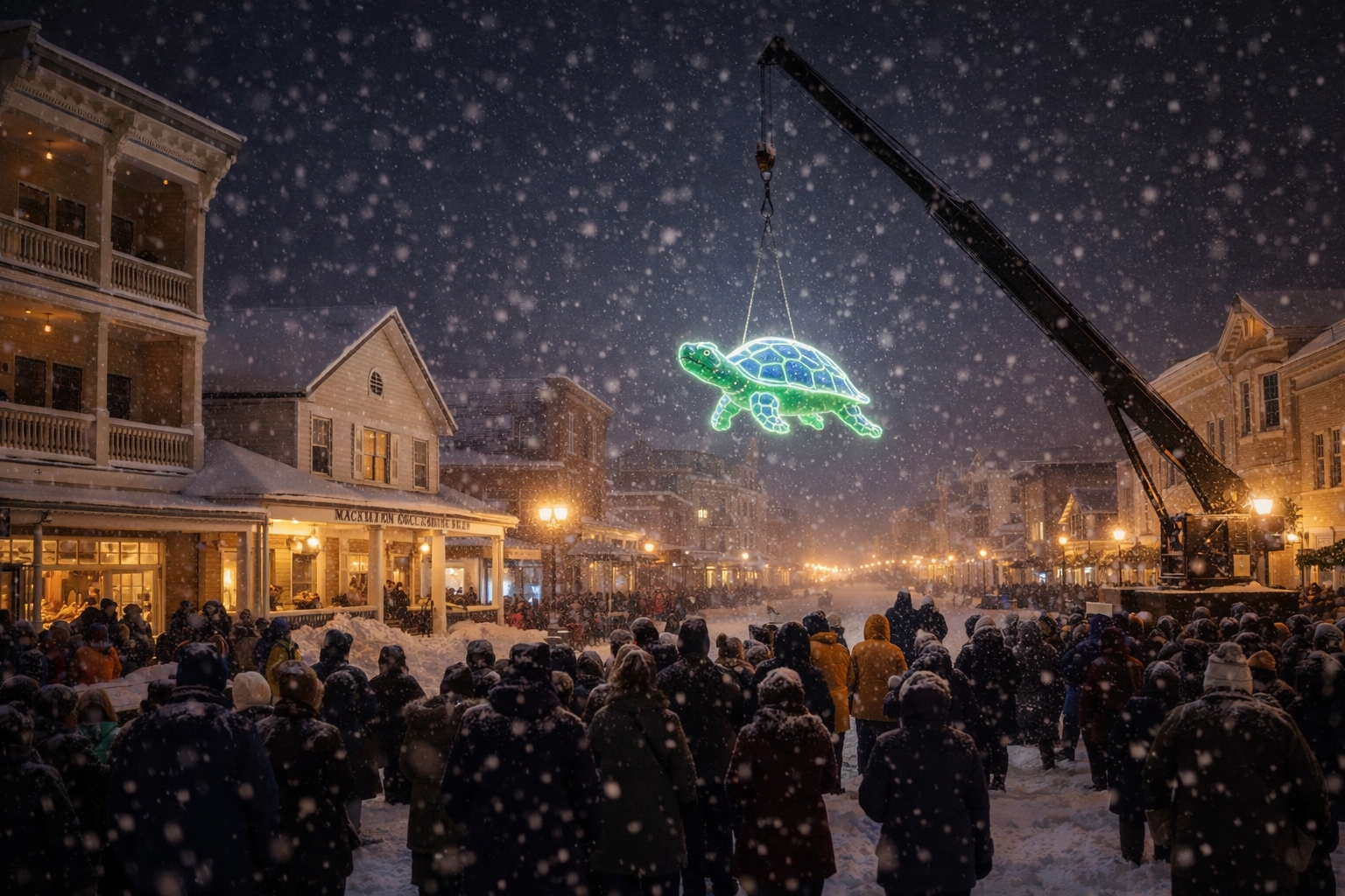 New Year’s Eve Great Turtle Drop on Mackinac Island, featuring a glowing turtle being lowered over Main Street during a snowy winter celebration in Northern Michigan