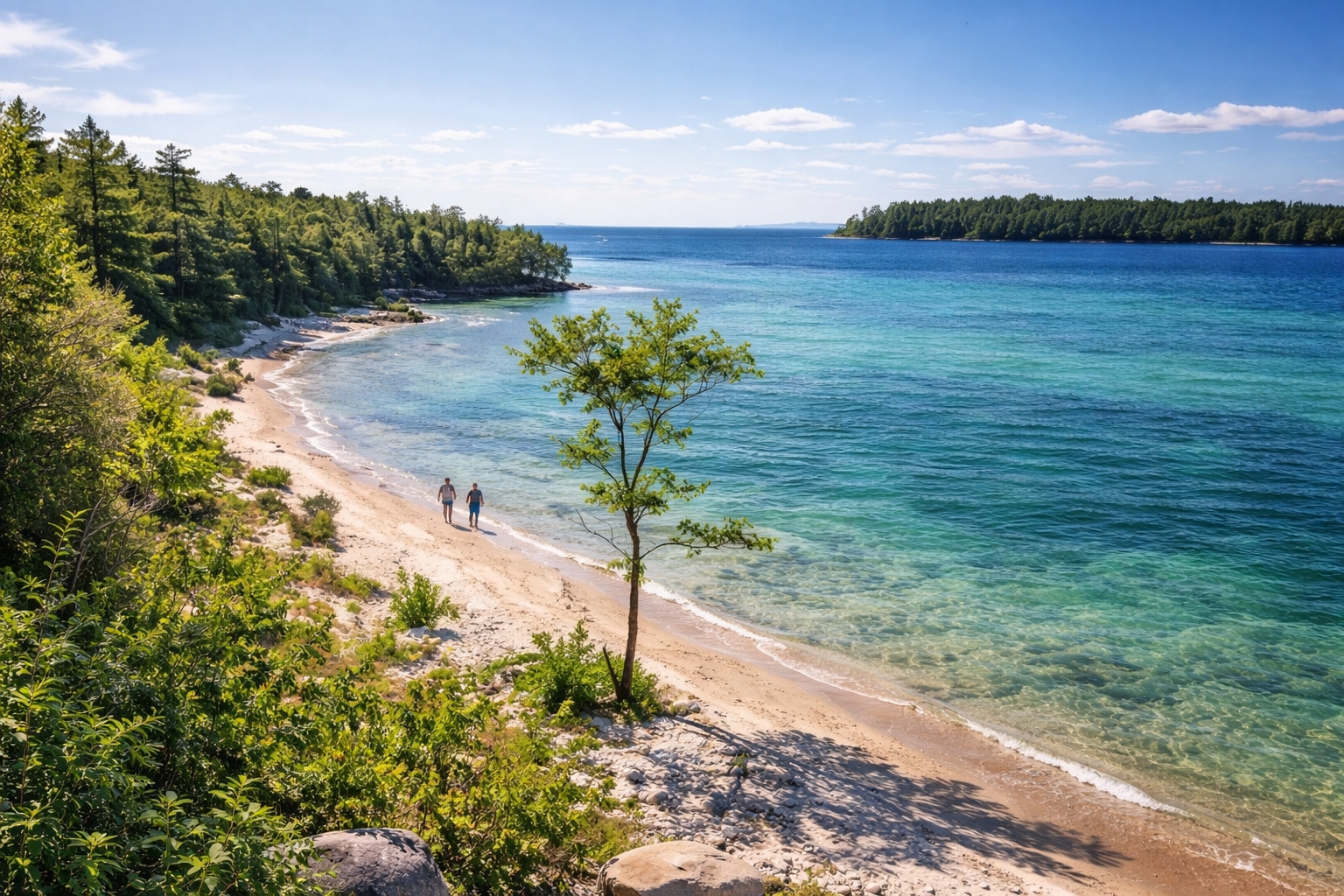 Quiet Michigan island shoreline representing hidden gem summer destinations in Michigan