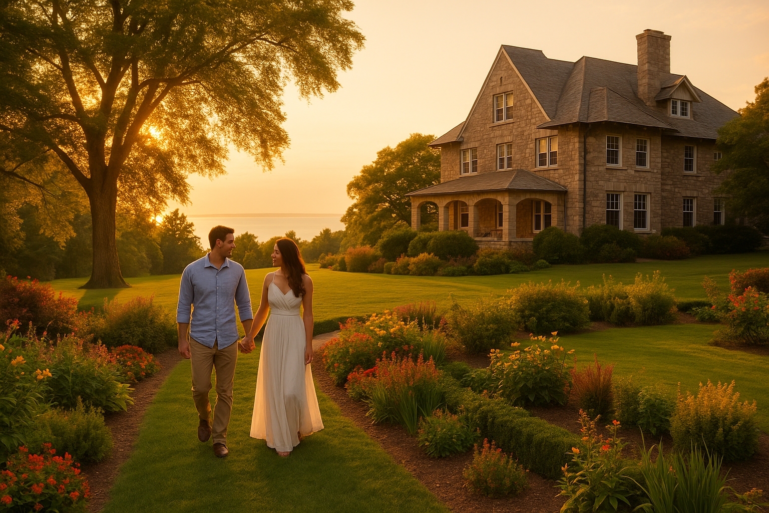 Romantic honeymoon and babymoon couple walking through garden at The Inn at Stonecliffe on Mackinac Island with Lake Huron views, luxury hotel getaway