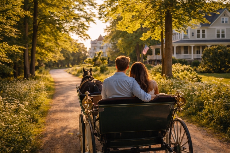 romantic horse drawn carriage ride on mackinac island for couples