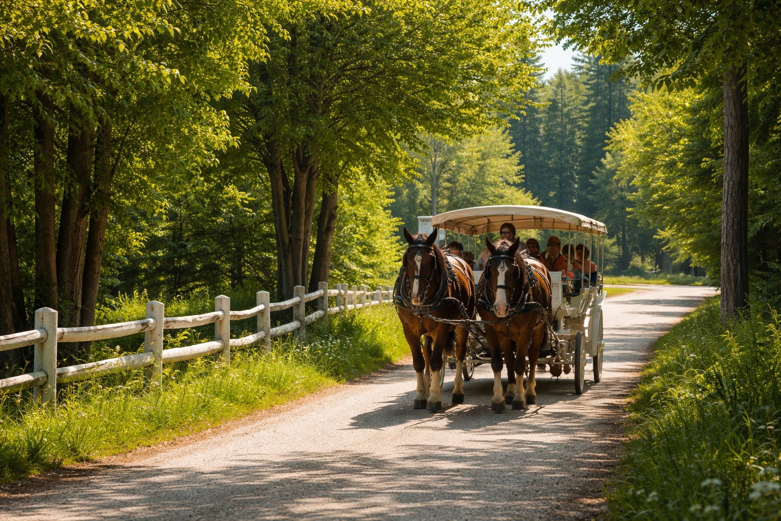 horseback riding and horse-drawn carriage on Mackinac Island during summer travel season