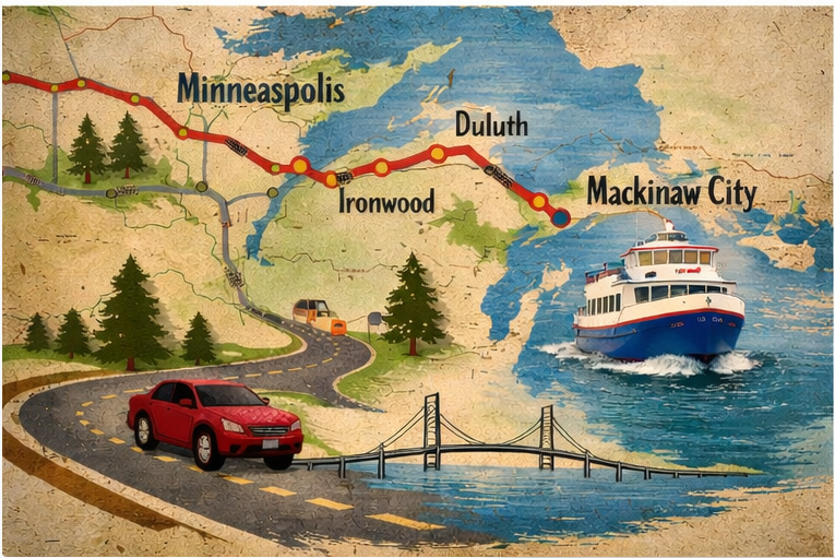 Illustrated travel route map showing the road trip from Minneapolis to Mackinaw City with ferry crossing to Mackinac Island near The Inn at Stonecliffe.