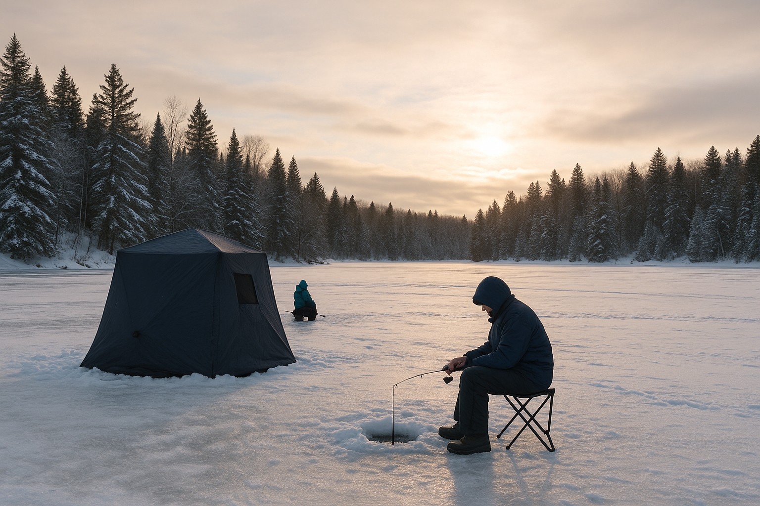 Ice fishing in Northern Michigan on a frozen lake with snow-covered trees, portable shanty, and angler targeting walleye and perch during peak winter fishing season
