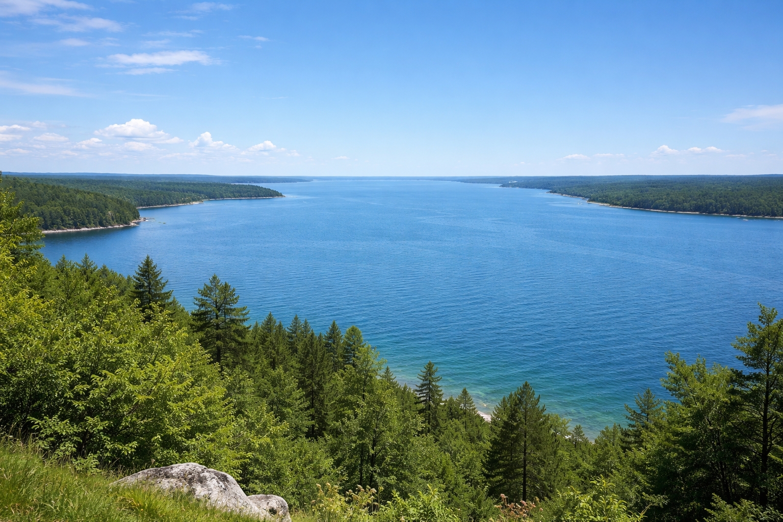 Wide Lake Huron shoreline view illustrating how Georgian Bay is part of Lake Huron, with expansive freshwater horizon visible from the elevated grounds near The Inn at Stonecliffe on Mackinac Island