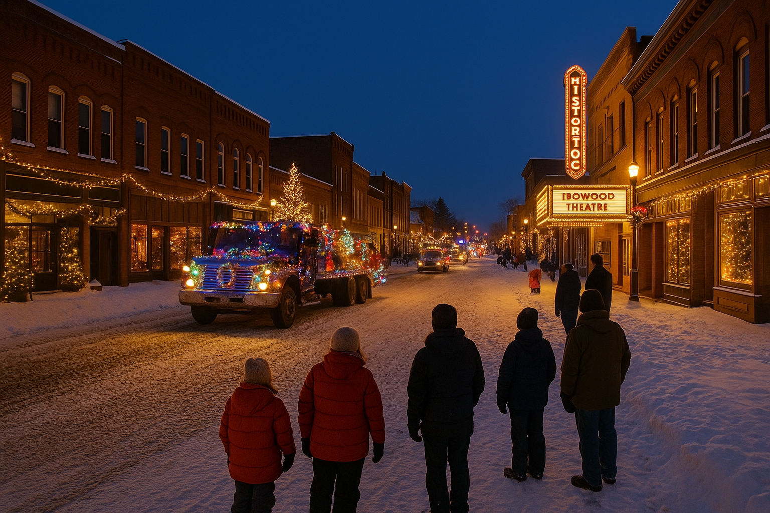 Parade of Lights during Jack Frost Festival 2025 in downtown Ironwood Michigan with snow-covered streets, holiday lights, and historic Upper Peninsula charm