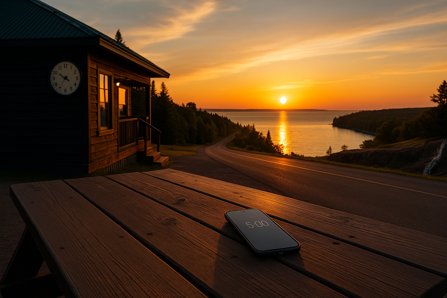 Copper Harbor Michigan photo showing difference between phone clock and wall clock symbolizing Copper Island Time in Keweenaw Peninsula near Lake Superior