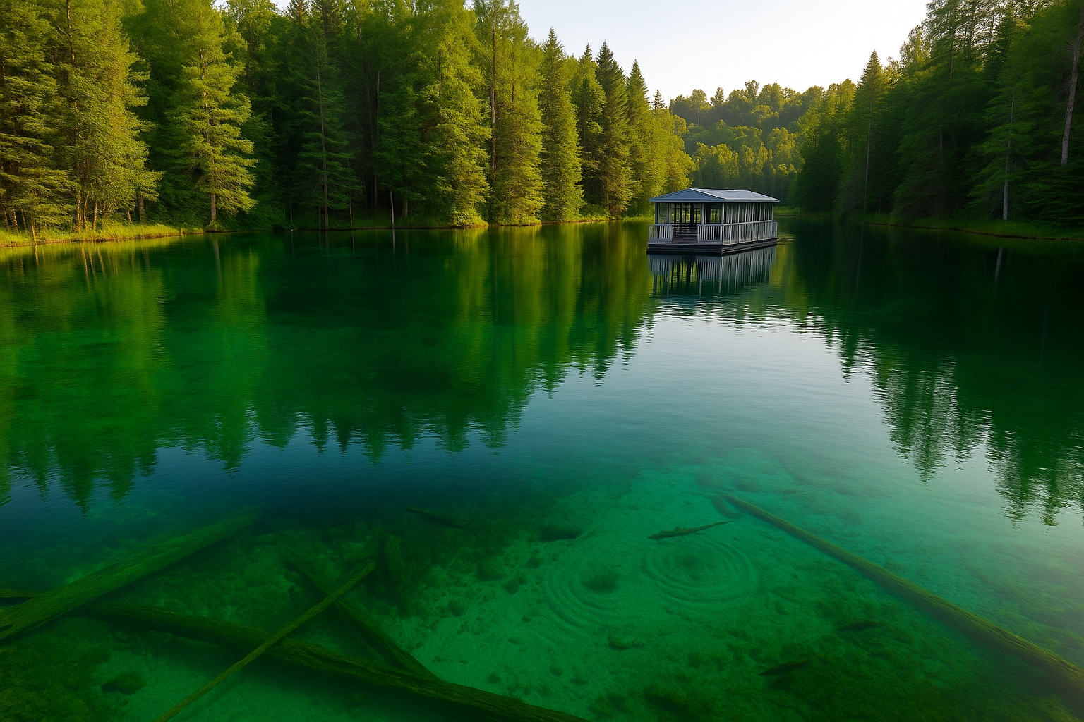 a boat on a lake surrounded by trees