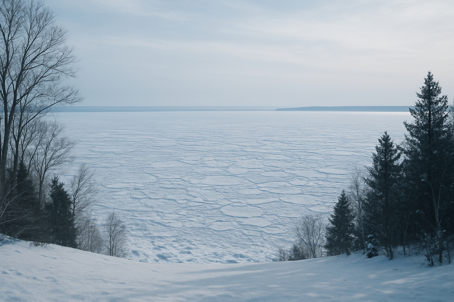 Frozen Lake Huron in winter viewed from Mackinac Island, showing cracked ice patterns, snow-covered shoreline, and bare trees framing the icy Straits under a soft gray sky.
