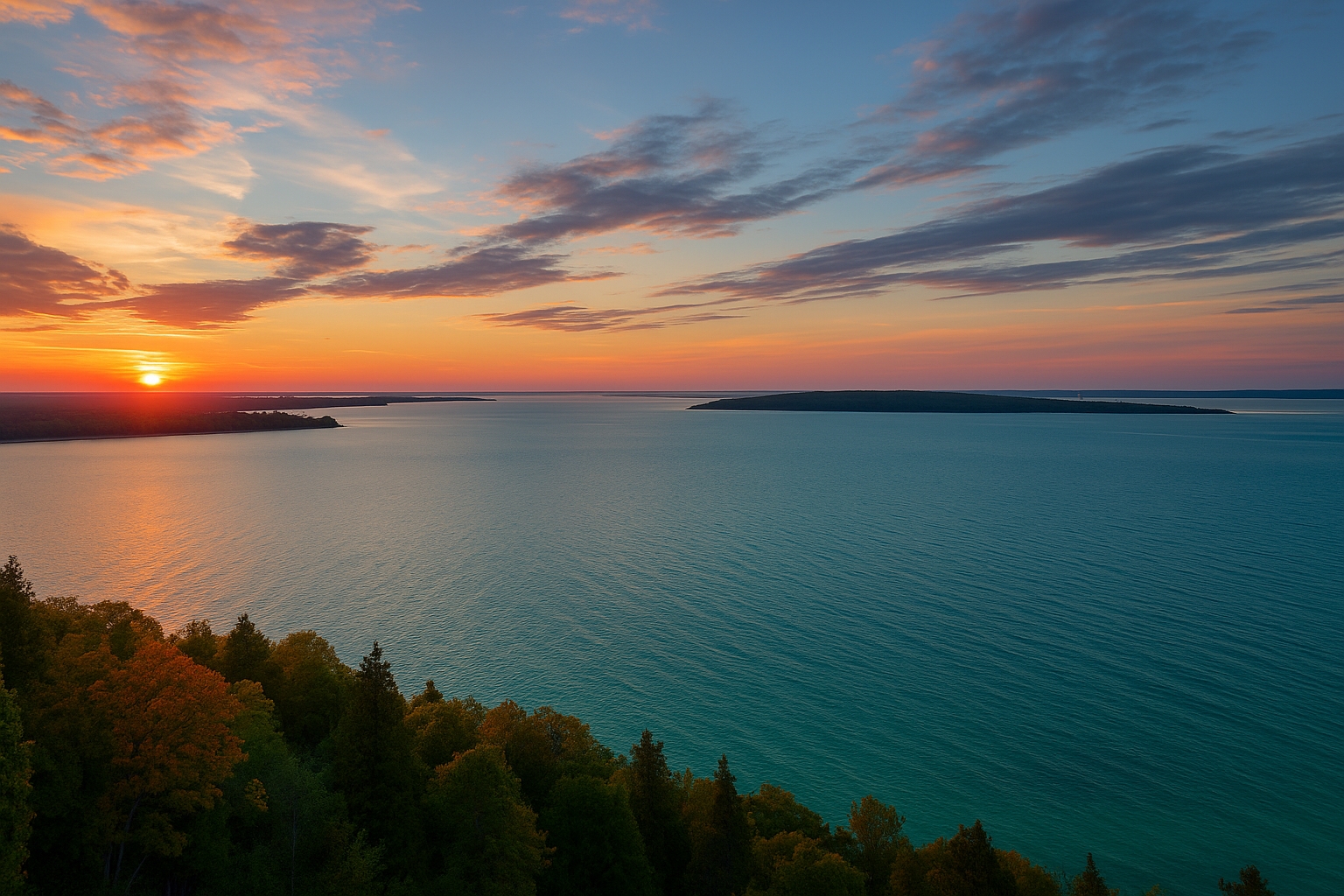 Panoramic view of Lake Huron from Mackinac Island showcasing the lake’s size, depth, vast shoreline, turquoise water, and islands under a colorful sunset sky.