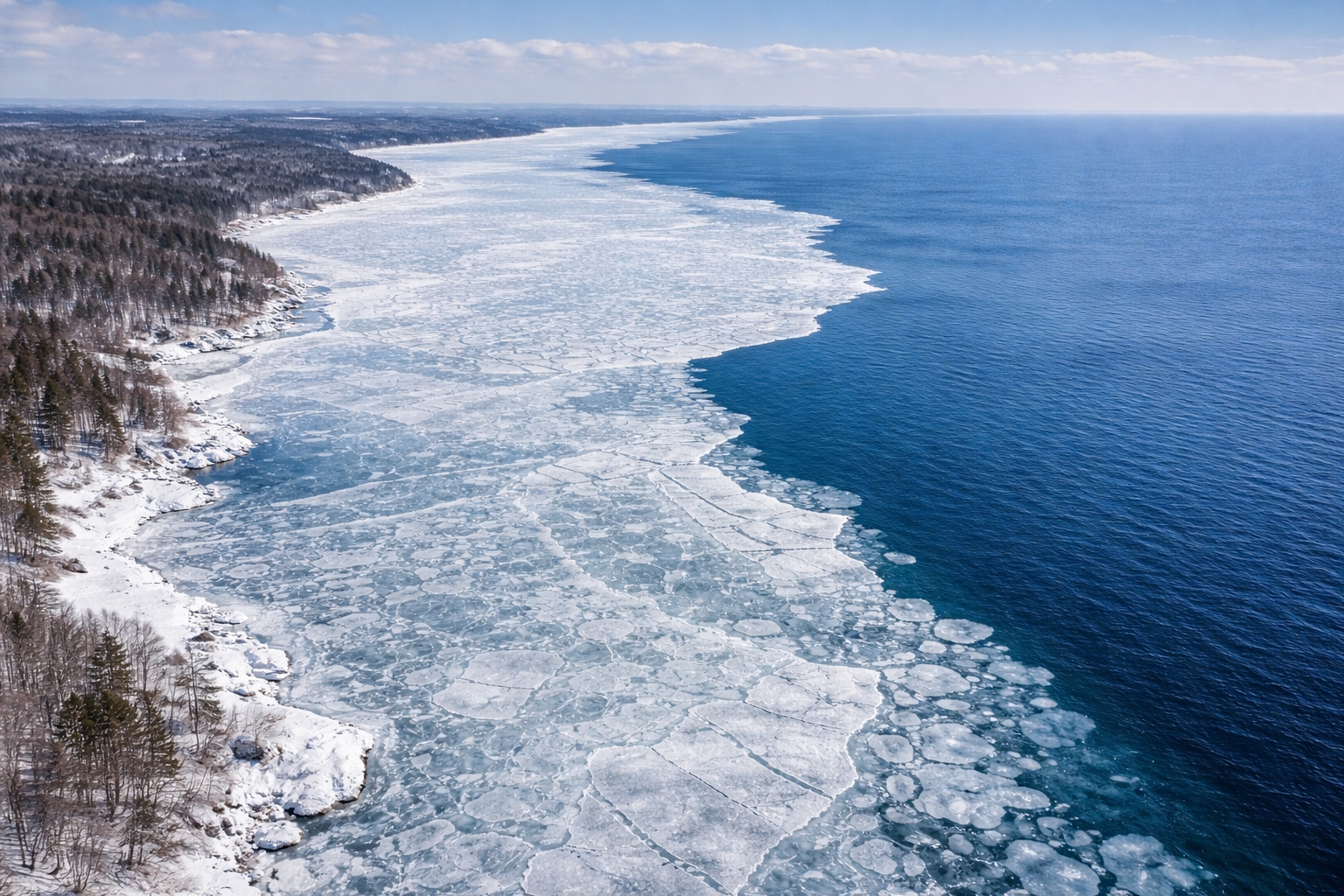Aerial view of Lake Michigan in winter showing partial ice coverage, representing historical freeze data and rare full freezes in Great Lakes climate history.
