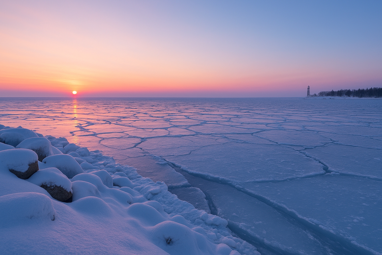 Panoramic winter view of frozen Lake Michigan shoreline with thick ice sheets, early sunrise light, snow-covered rocks, and historic winter ice coverage conditions