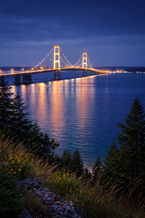 The Mackinac Bridge lights up after dark, reflecting across the Straits of Mackinac as seen from the West Bluff near The Inn at Stonecliffe.
