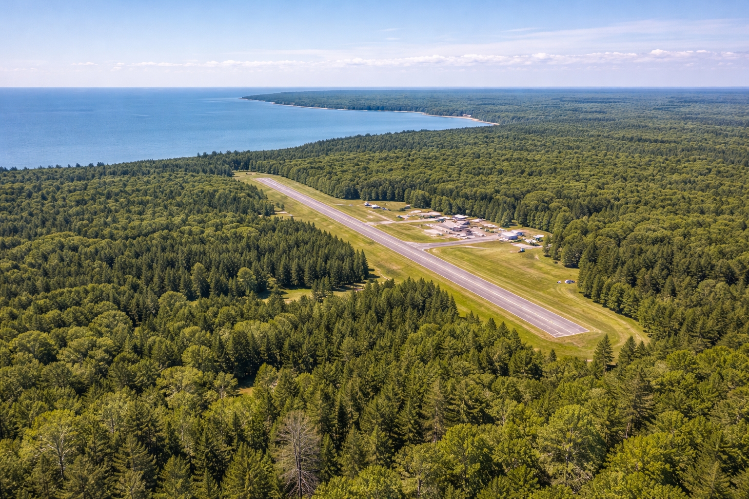Aerial view of Mackinac Island Airport surrounded by forest and Lake Huron, illustrating proximity to nearby hotels and the closest places to stay when flying to Mackinac Island