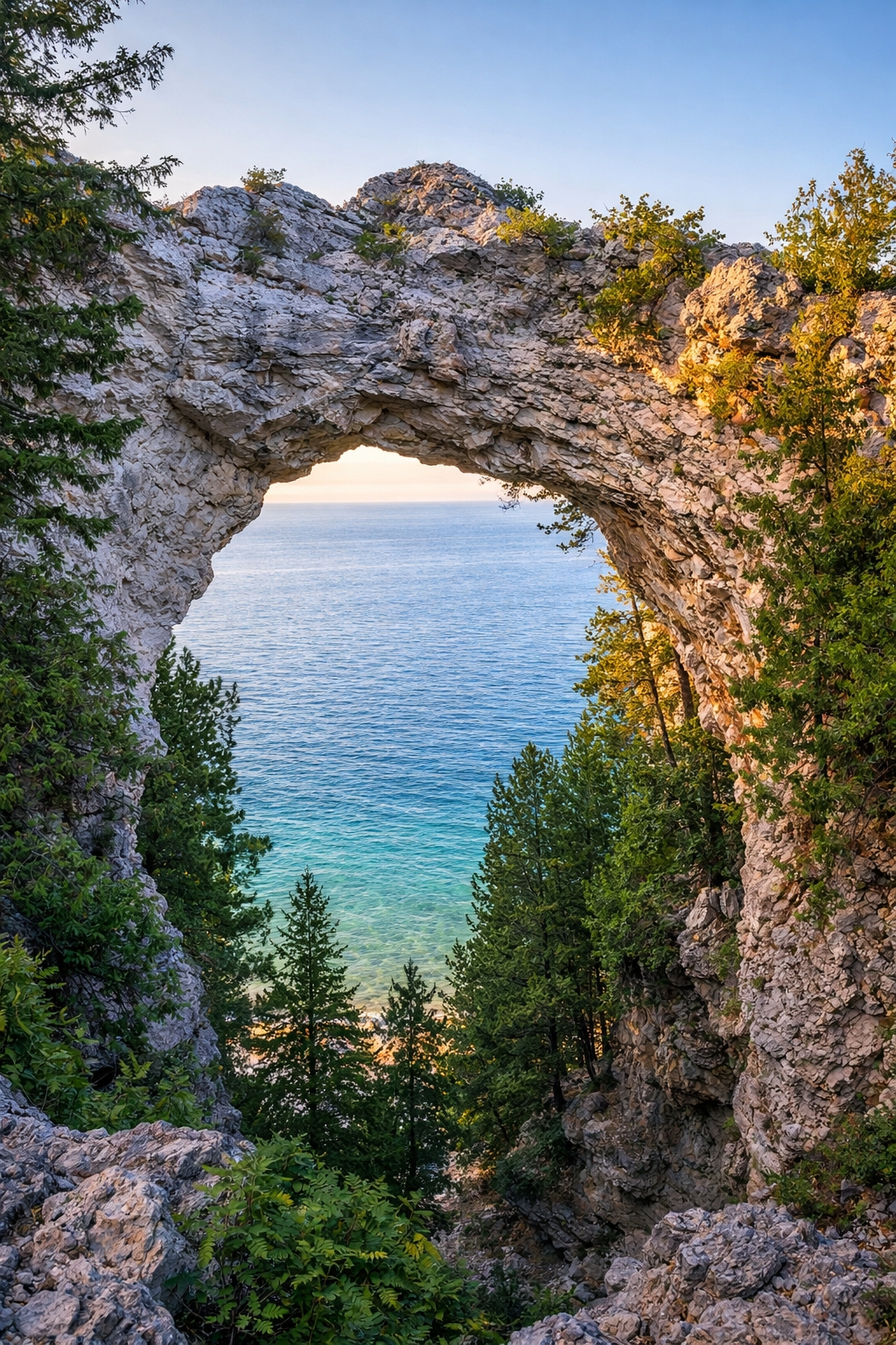 Scenic view of Mackinac Island attractions showing limestone cliffs, forested landscape, and Lake Huron during the summer season