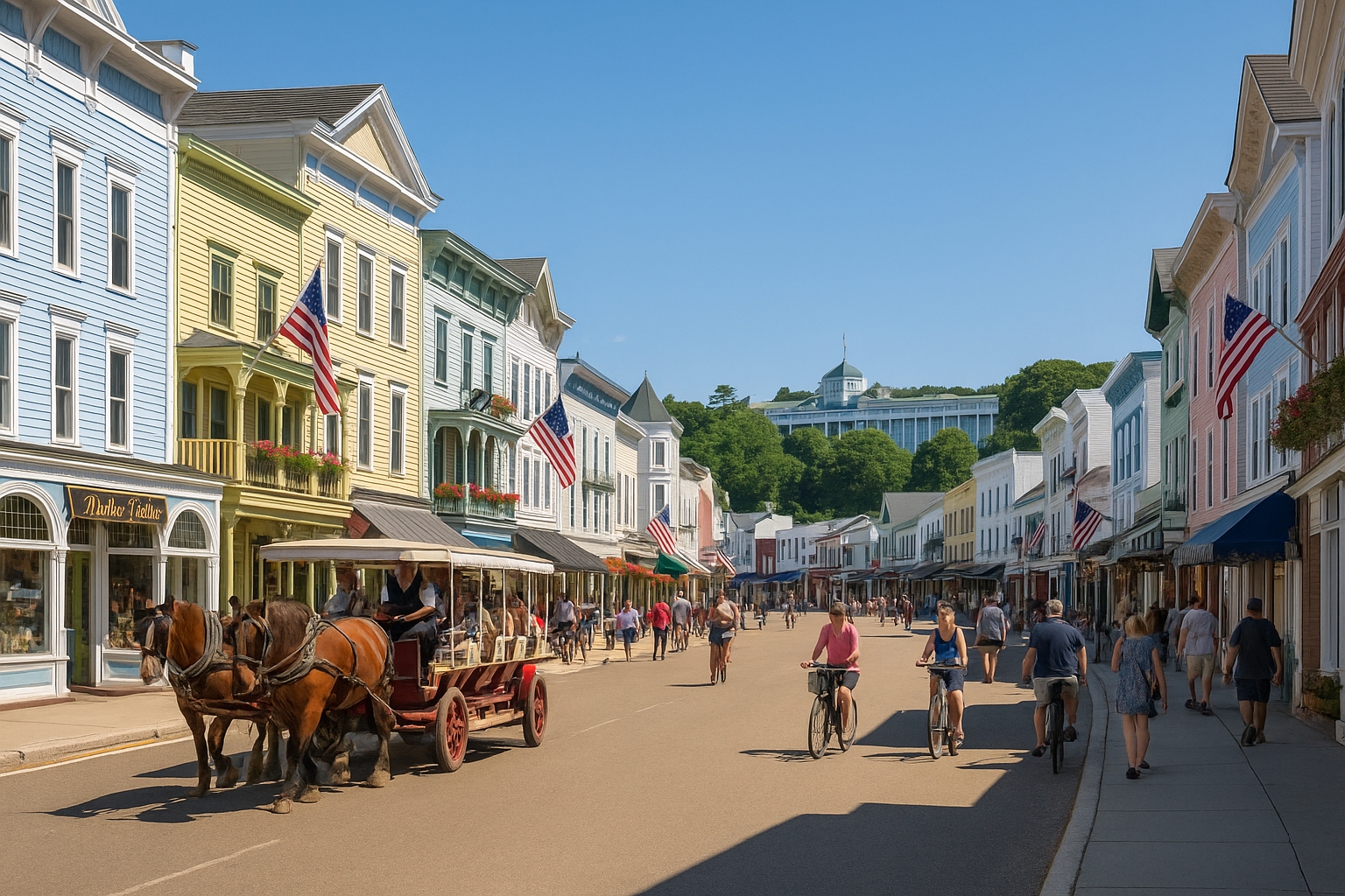 Car-free downtown Mackinac Island in summer, with horse-drawn carriages, Victorian buildings, fudge shops, and Grand Hotel in the distance under blue skies