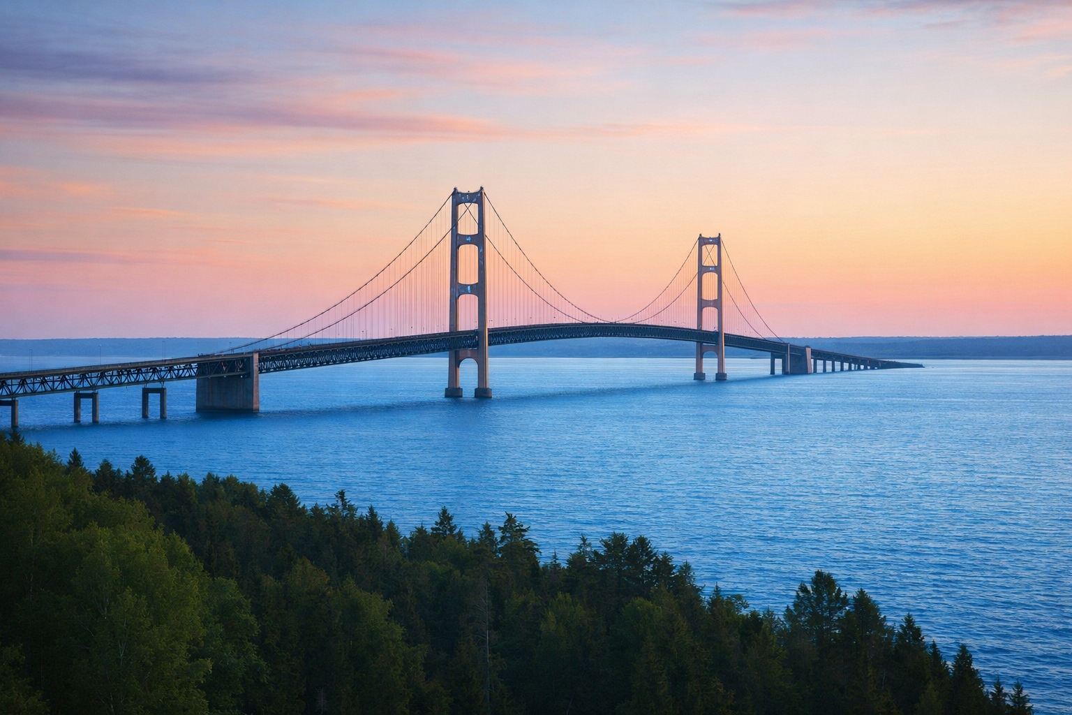 Panoramic view of the Straits of Mackinac and Mackinac Bridge from the bluff near The Inn at Stonecliffe on Mackinac Island, a peaceful Midwest destination for creative inspiration.