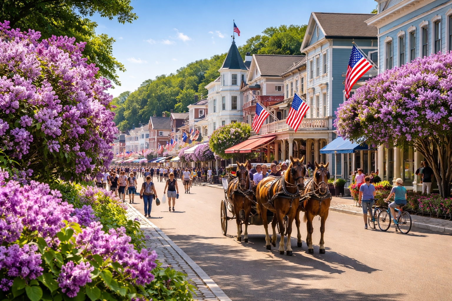 mackinac island lilac festival in june with blooming lilacs and historic streets