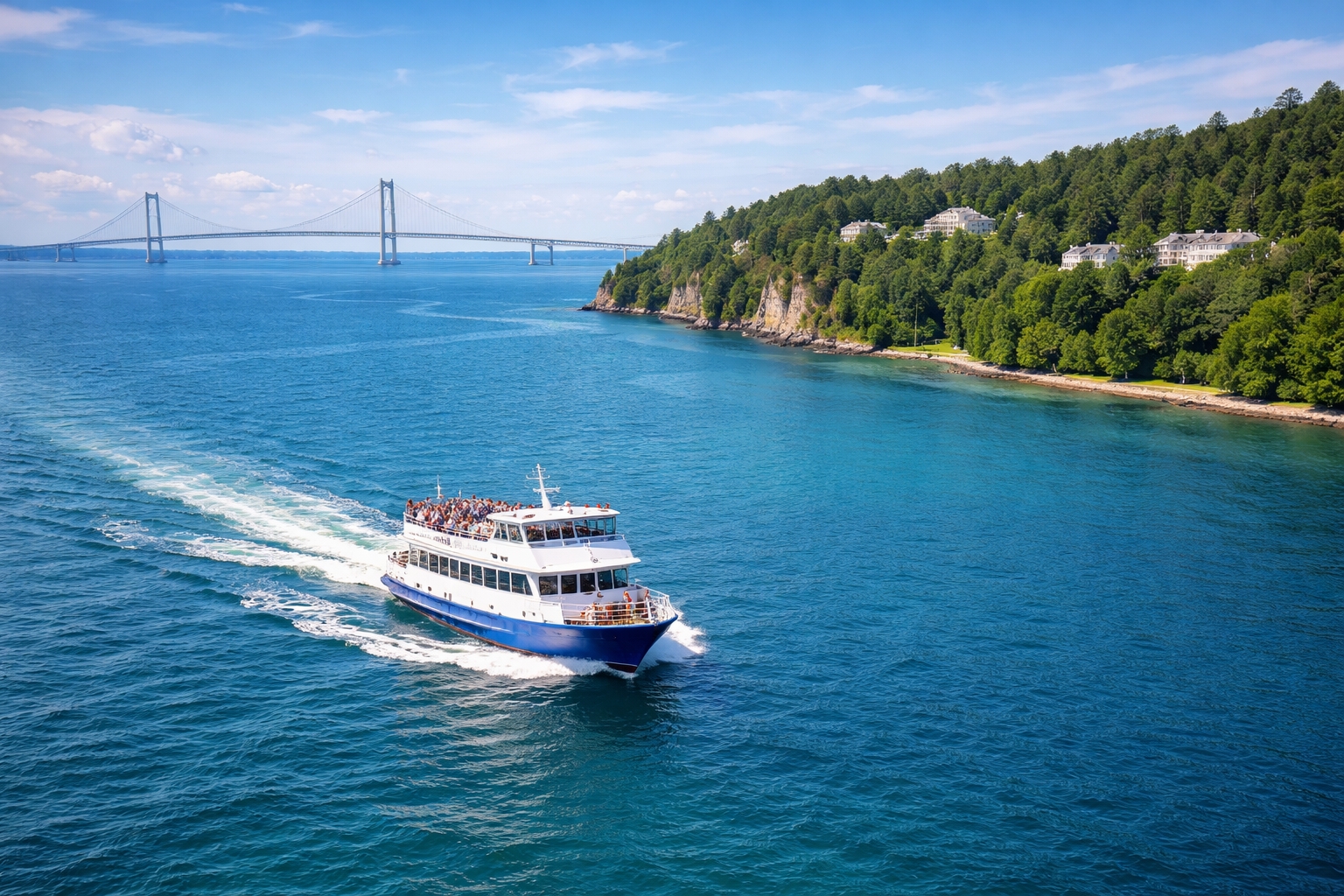 Passenger ferry crossing Lake Huron toward Mackinac Island with the Mackinac Bridge visible in the background on a clear summer day near The Inn at Stonecliffe.