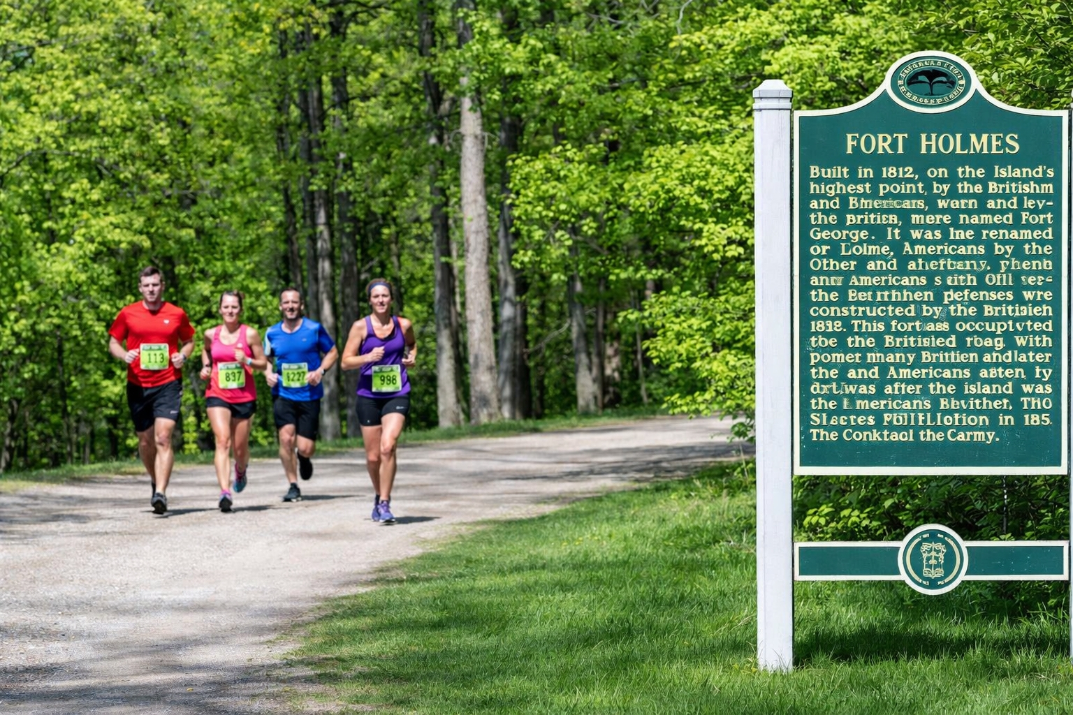 Mackinac Island Fort2Fort Race course view with wooded bluffs and Lake Huron scenery