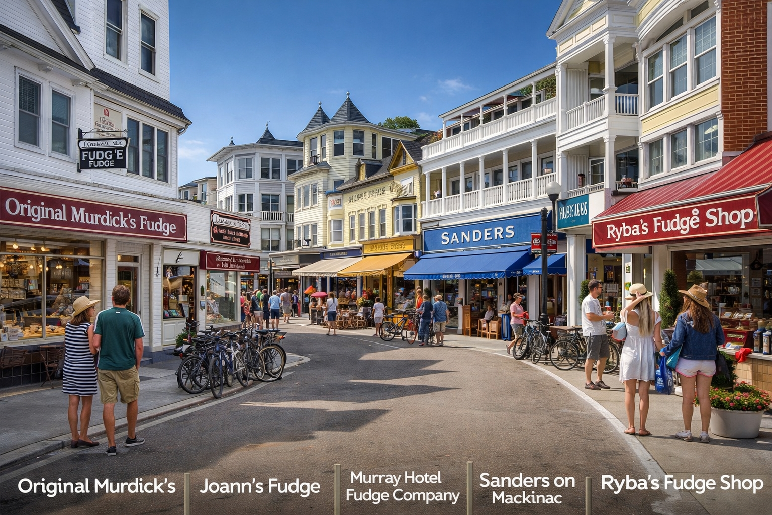 Mackinac Island fudge shops lining Main Street with historic storefronts and car-free pedestrian traffic