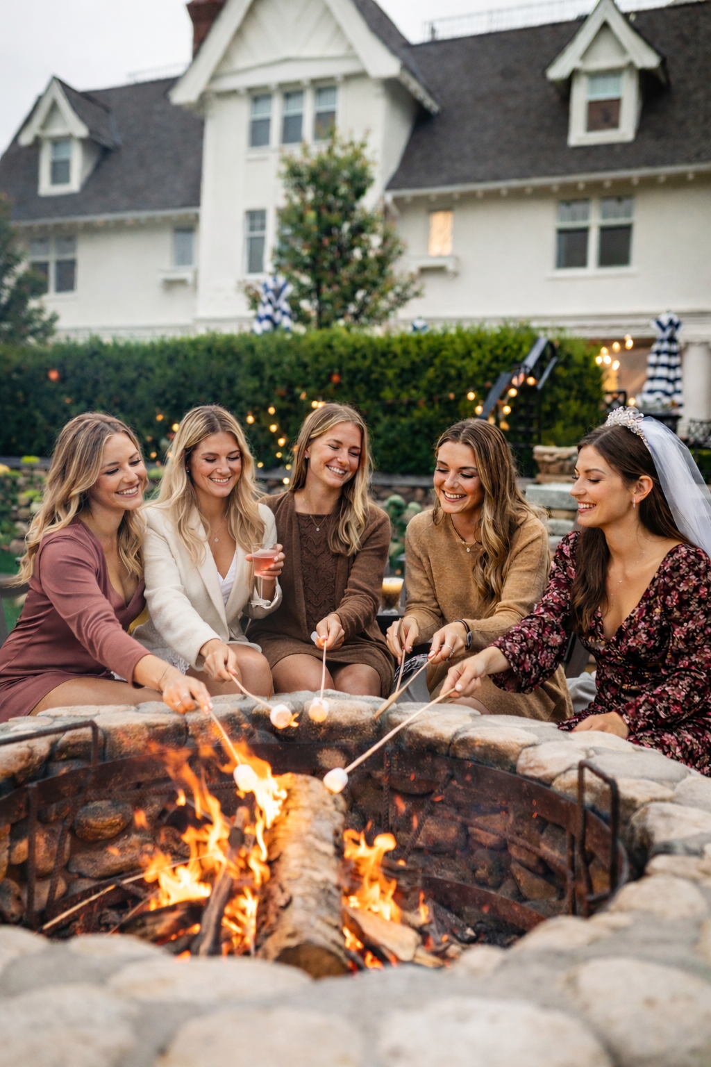 Group of women celebrating a Mackinac Island girls trip at The Inn at Stonecliffe enjoying drinks by the firepit.