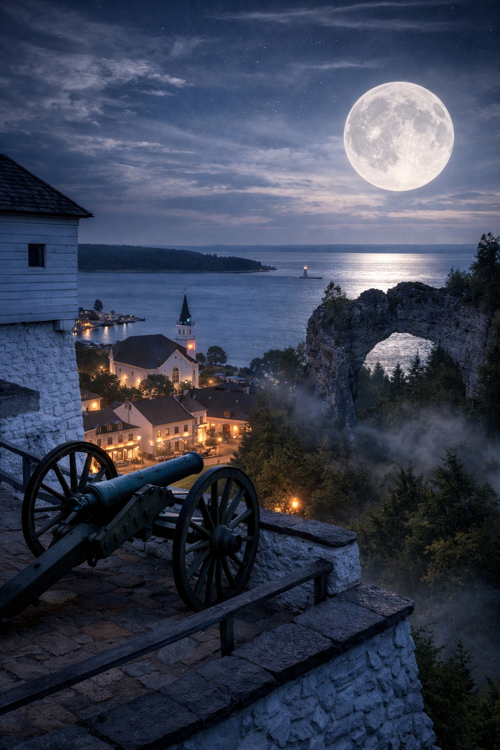 Twilight view of Mackinac Island with historic buildings and fog, reflecting the island’s haunted history and ghost stories