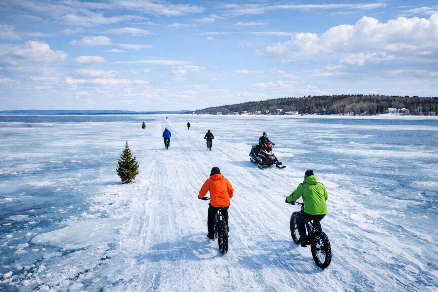 Ice-covered waters near Mackinac Island illustrating the natural ice bridge formation