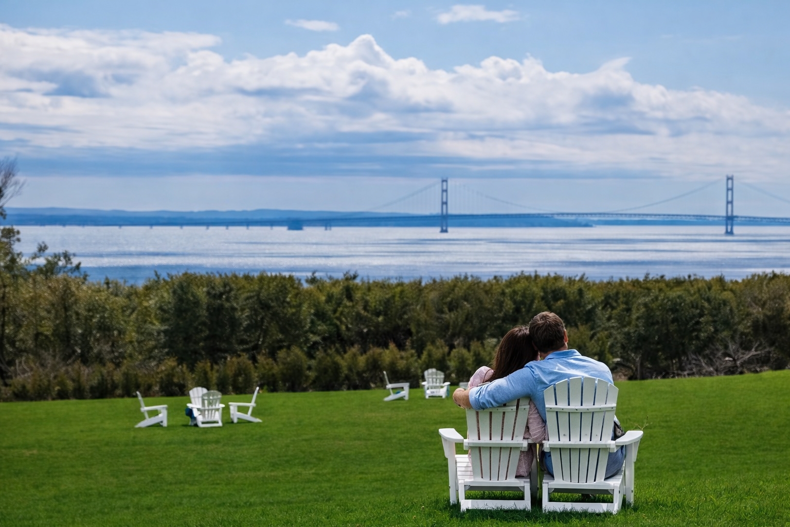 Panoramic lakeside view from The Inn at Stonecliffe on Mackinac Island overlooking the Straits of Mackinac and Mackinac Bridge, a romantic Michigan destination for couples