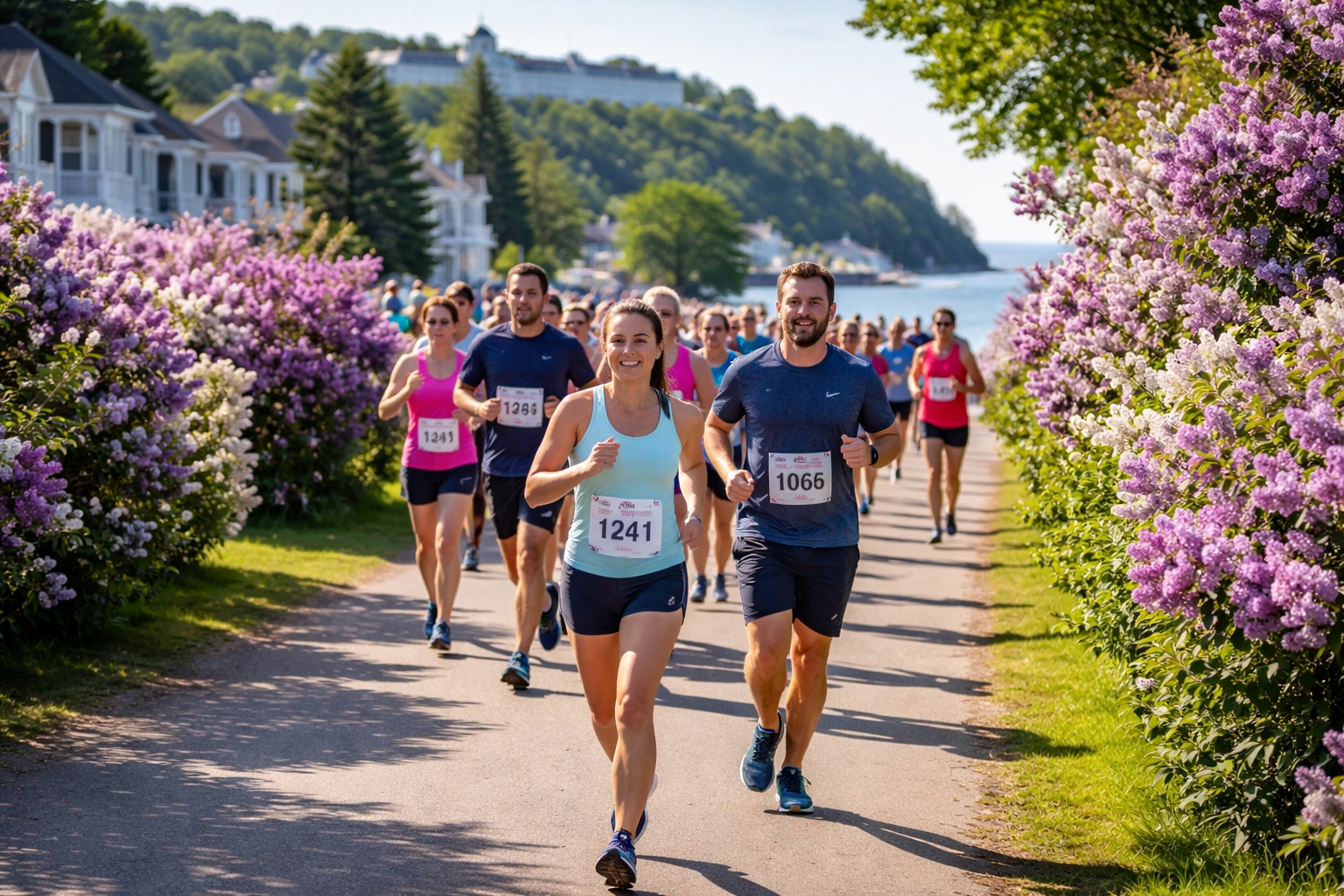 Mackinac Island Lilac Festival 10K runners along the shoreline road during spring bloom in Michigan