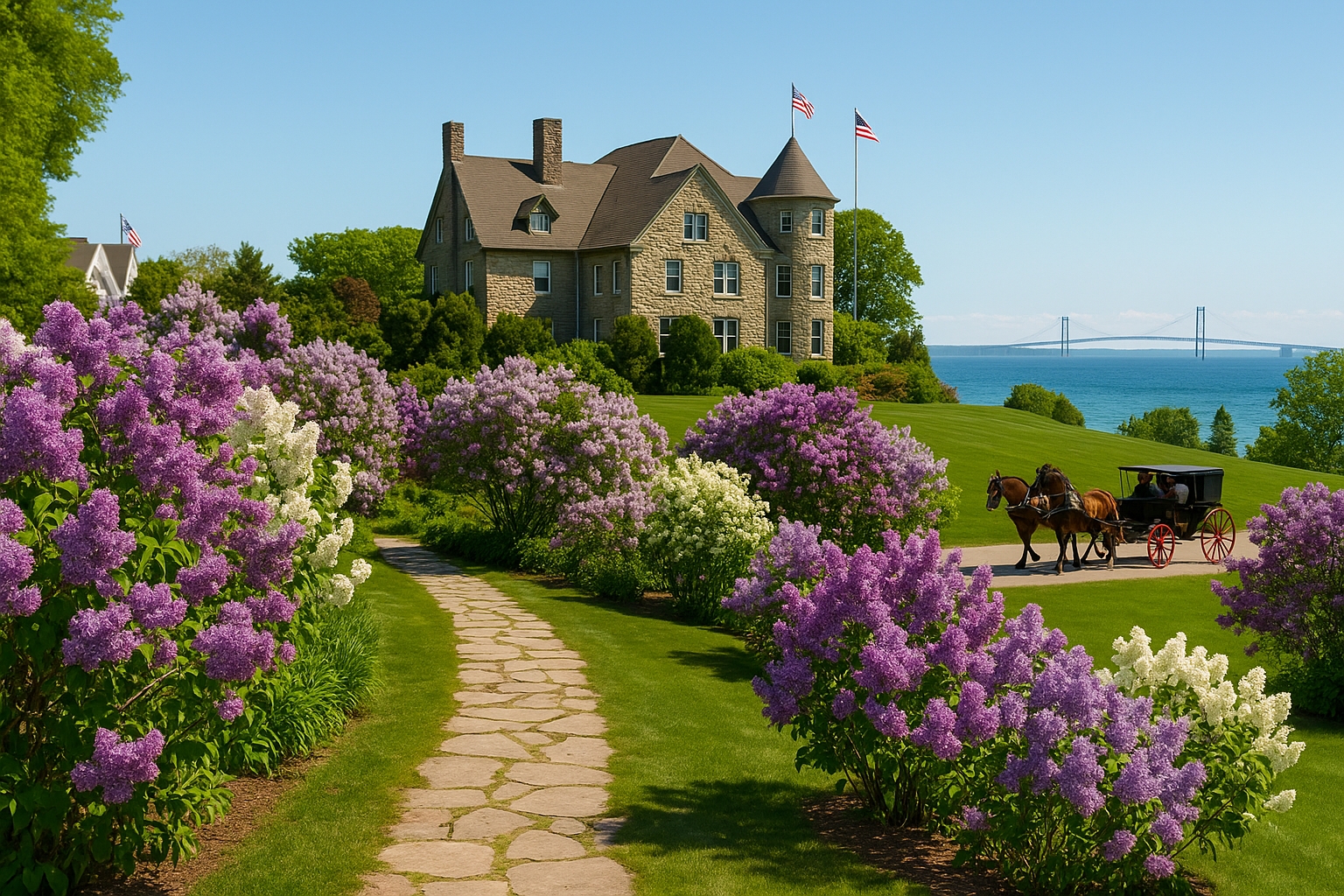 Historic lilac festival on Mackinac Island with blooming purple lilacs, horse-drawn carriage, and The Inn at Stonecliffe in the background near Lake Huron.