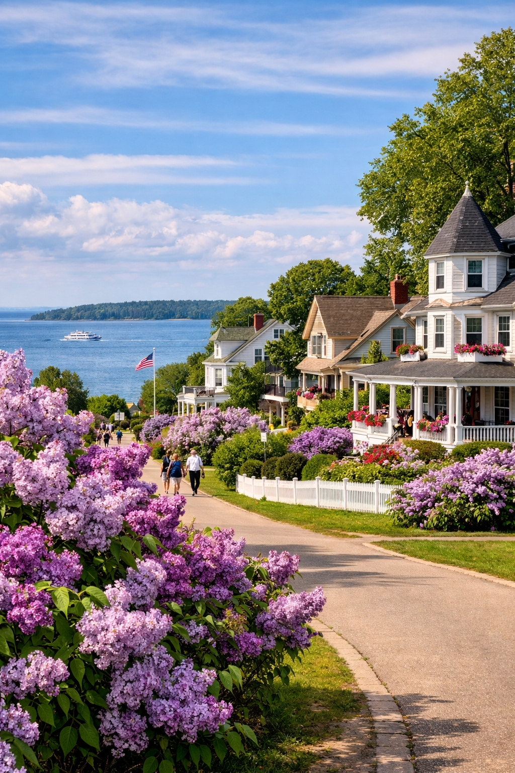 Mackinac Island Lilac Festival with historic homes and blooming lilacs in spring