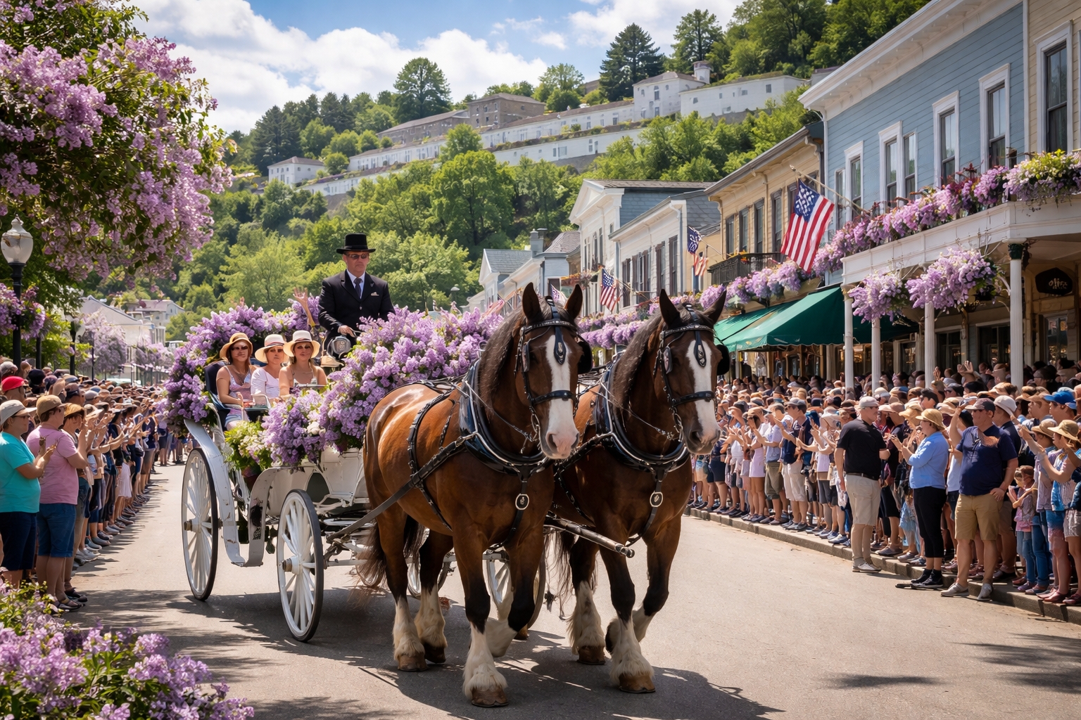 Mackinac Island Lilac Parade featuring horse-drawn carriages and blooming lilacs during the annual Lilac Festival in June
