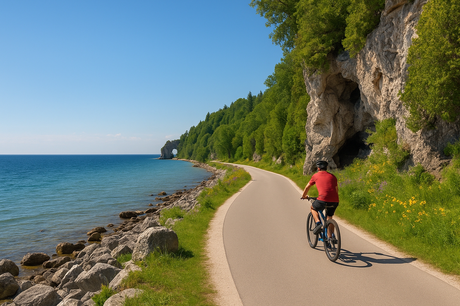 Scenic paved bike and walking trail on Mackinac Island’s 8.2-mile loop, with Lake Huron shoreline, limestone cliffs, cyclist riding M-185, and Devil’s Kitchen.