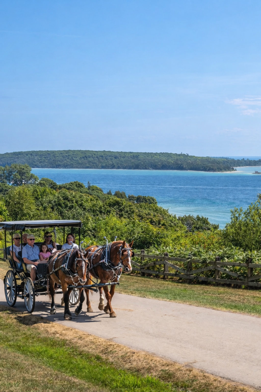Horse-drawn carriages on Mackinac Island during opening day 2026 with visitors arriving in early spring