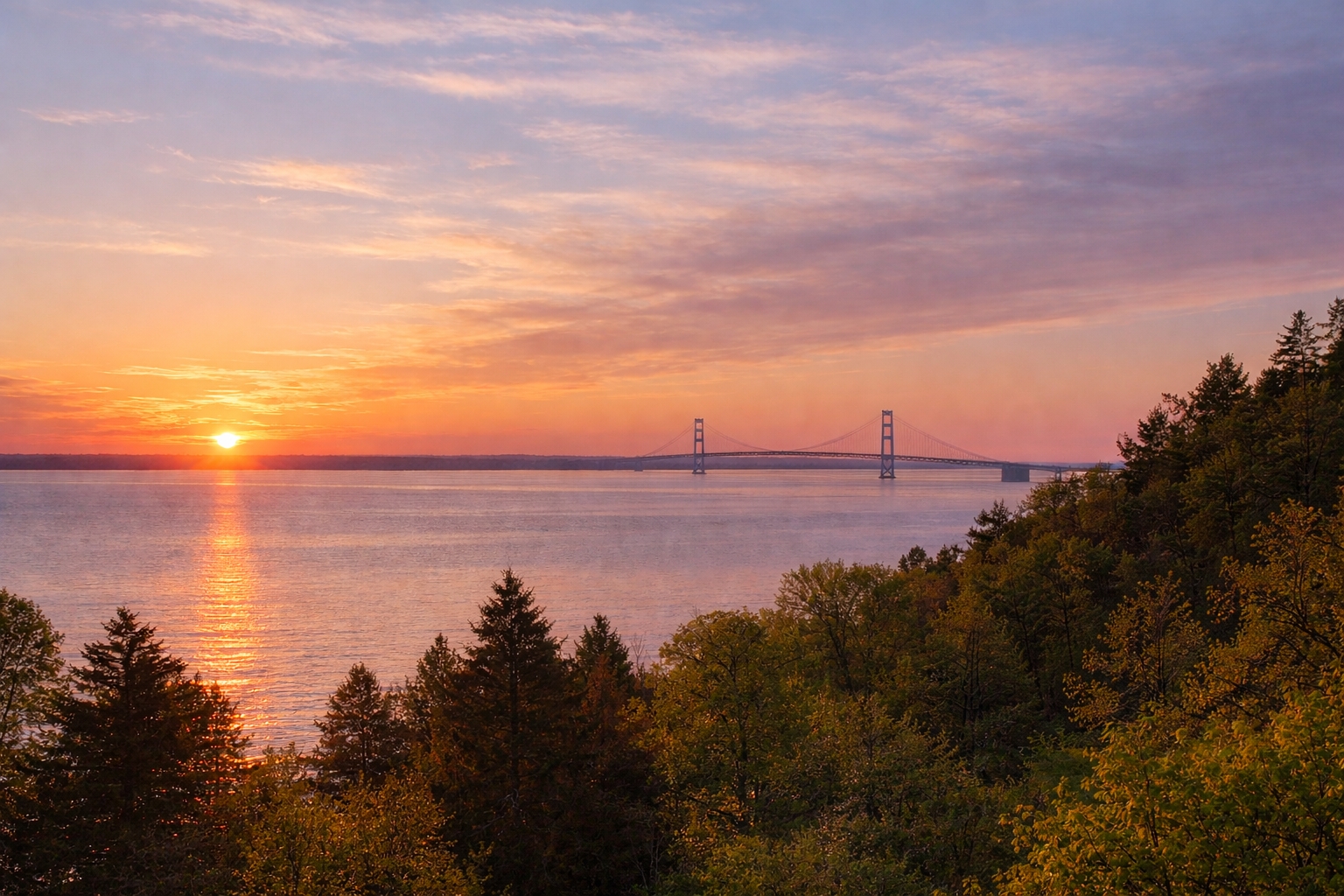 Spring sunrise view of the Straits of Mackinac and Mackinac Bridge from The Inn at Stonecliffe, a luxury boutique resort on Mackinac Island open May through October.